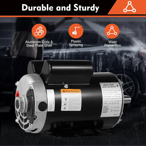 Heavy Duty 5HP Electric Air Compressor Motor With 2.36 Inch Shaft Length And 7/8 Inch Bore Featuring Single Phase 208-230V Power 3450RPM Speed Steel Casing For Industrial Pumping Applications, showing a durable aluminum coil and steel casing.
