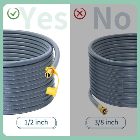 Comparison of 1/2 inch and 3/8 inch hoses for Heavy Duty 48 Ft Natural Gas Hose Extension Kit With Half Inch Quick Disconnects And Brass Adapters