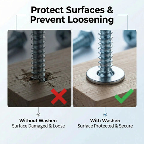 Comparison of screws without and with Rock Solid 304 Stainless Steel Flat Washers, showcasing surface protection and security.