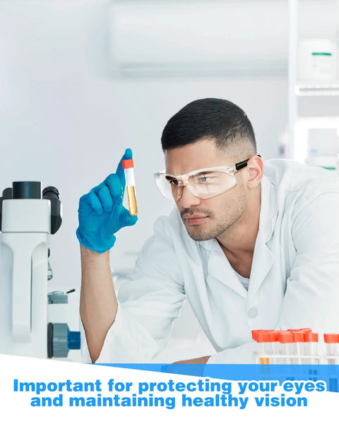 Bulk 100 Pair Clear Safety Glasses ANSI Z87.1 Certified worn by a researcher examining a test tube in a lab setting.