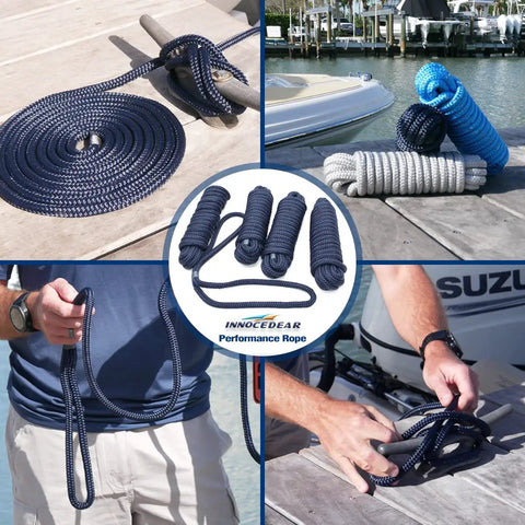 Rock Solid 1/2 Inch X 15 Feet Dock Lines Navy Blue 4 Pack Marine Grade Double Braided Nylon Boat Rope on dock with user.