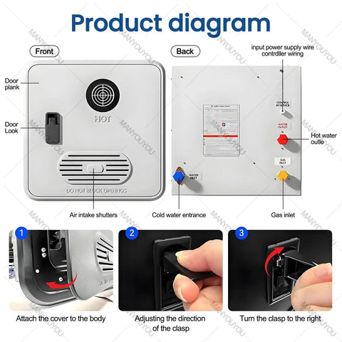 Product diagram of Propane Tankless Water Heater For Camper Van And RV Road Warrior Ready, showing front and back features.