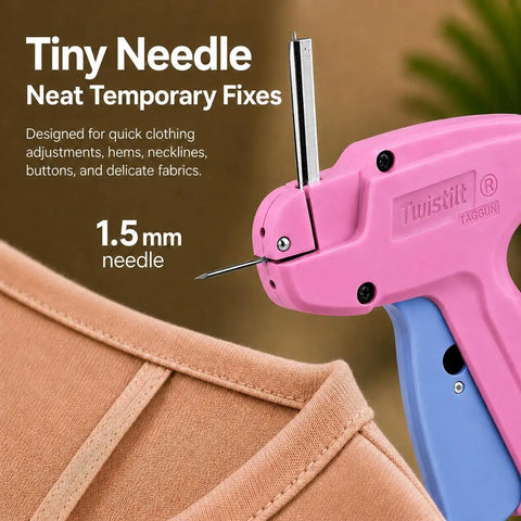 Handheld Stitch Gun For Clothes Featuring No Sew Hemming And Tagging With Six Strong Needles And Two Thousand Micro Fasteners, 1.5mm needle on clothing.