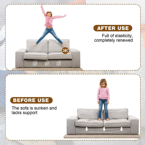 Nine Gauge Zig Zag Upholstery Springs One Roll Forty Nine Foot High Carbon Steel Sinuous Support on a sofa with before and after visuals.