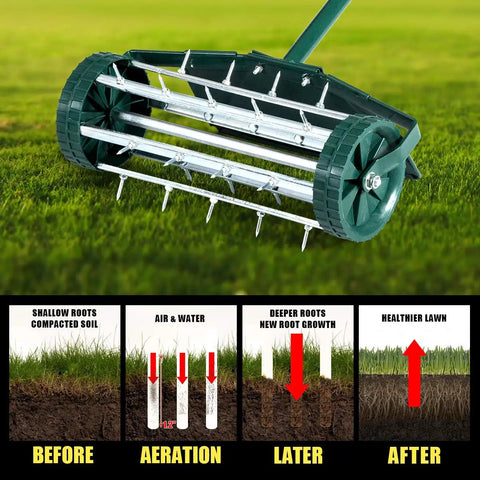 Rolling Lawn Aerator 18 Inch Garden Yard Rotary Push Tine Heavy Duty Spike Soil Aeration with 41 Inch Handle on grass
