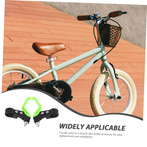 Kid Friendly Bicycle Brake Levers 1 Pair Universal Fit For Disc Brakes with green plastic handles next to a kids' bike.