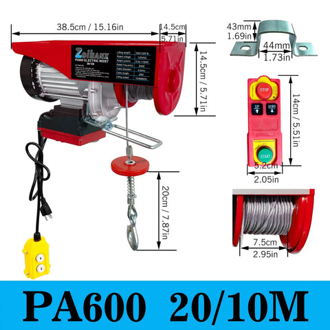 Handle Heavy Lifting Jobs Like A Pro With This Two In One Electric Hoist Featuring Dual Wired Wireless Remotes 328 Foot Range 110 Volt Motor And Rock Solid 1320 Pound Capacity, showing electric hoist with remote and hook.