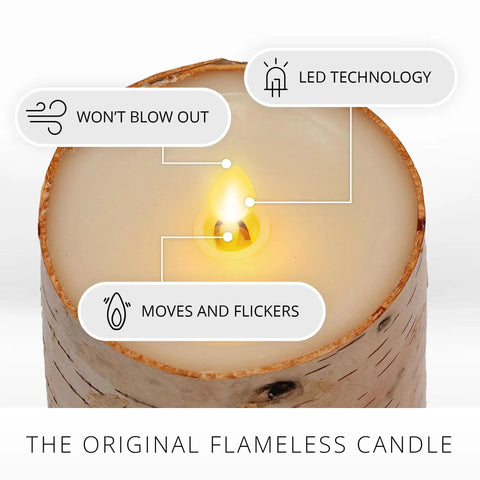 Birch Bark Wrapped Flameless LED Candle With Moving Flame, Battery Operated 3.5 By 4.5 Inch Pillar Light showing flickering flame