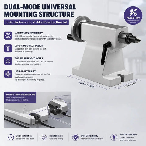 Heavy Duty Lathe Tailstock With 50 Mm Travel And Mt2 Mt3 Taper Options For Cnc 4 Axis Rotary Tables showcasing dual-mode mounting structure.