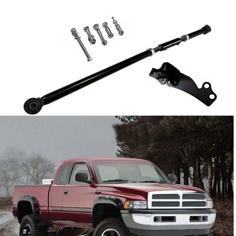 Front Adjustable Track Bar For 0 To 4 Inch Lift Dodge Ram 1500 4X4 And 2500 3500 4WD Heavy Duty Steel With Relocation Bracket Powder Coated Gloss Black For Durability And Smooth Steering On Off Road Rigs. Adjustable steel track bar with bracket for lifted Ram truck.