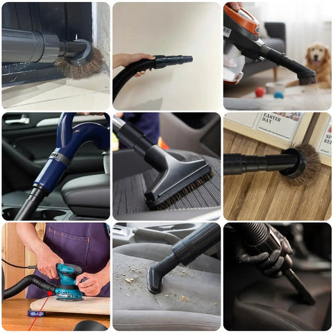 Universal Vacuum Hose Adapter Kit Quick Connect Reducer Set for reusing old attachments, shown in various uses on floors and furniture.