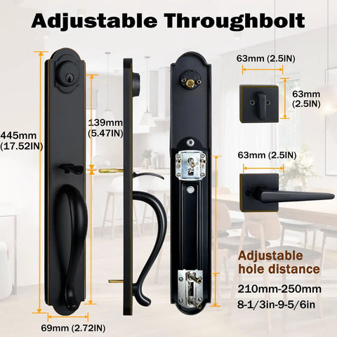 Oil Rubbed Bronze Keyed Entry Door Lock Set With Deadbolt, Reversible, showcasing adjustable throughbolt and hole distance details