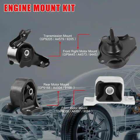 Heavy Duty Engine And Transmission Mount Set Fits Honda Element 2 Point 4 Liter Models, includes front and rear mounts.