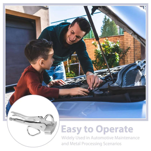 Heavy Duty Pro Grade Auto Body Clamp Pliers With Extra Wide Duckbill Jaw shown in automotive maintenance scene
