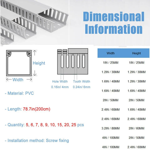 Dimensional information of Grey U Shaped PVC Cable Raceway And Wire Management Trunk Kit made of PVC, length 78.7in, offers various sizes.