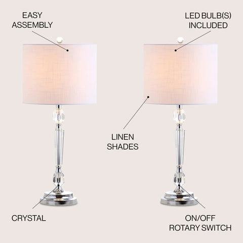 27 Inch Clear Crystal LED Table Lamp Set of 2 for Living Room or Bedroom with Chrome Base and White Linen Shade