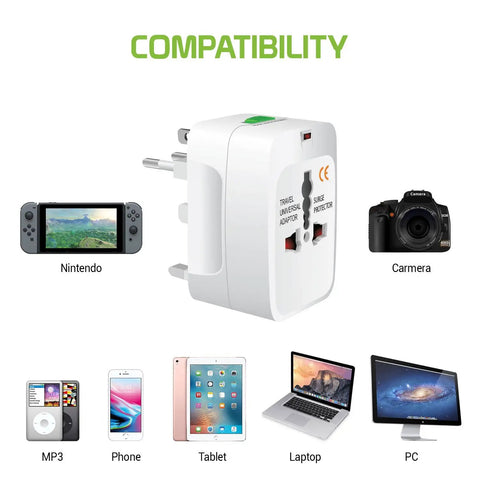 Portable Worldwide Universal Power Adapter All In One Travel Charger for USA EU UK FR IT AU IN Outlets shown with compatible devices