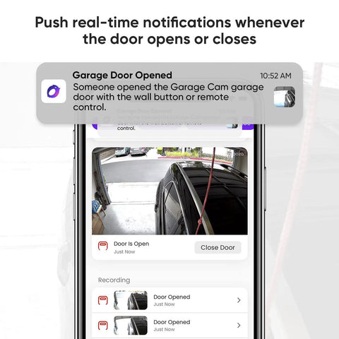 Smart Garage Door Opener Remote With Camera Alexa Voice Control Live Video Left Open Reminder 2 4GHz WiFi Only Security Plus Version Two Point Zero Compatible No Monthly Fee Open Close Your Garage From Anywhere live video notification screen