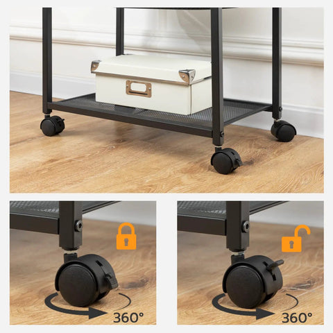 Under Desk Printer Stand With Wheels, Industrial Grade 2 Tier Printer Cart On Casters, Rustic Brown And Black Finish with lockable wheels