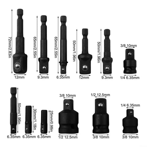 Premium 12 Piece Sockets Adapter Set With Hex Shank Extender Bar Kit For 1/4 Inch 3/8 Inch And 1/2 Inch Cordless Drivers Perfect Converter Reducer Kit To Handle Any Drill Bit Job Without Hassle, black steel adapters with sizes labeled
