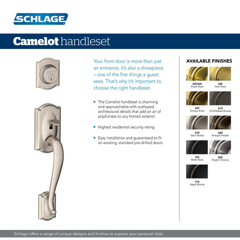 Camelot Front Entry Handleset With Accent Lever In Aged Bronze Keyed Deadbolt On One Side Display with Available Finishes
