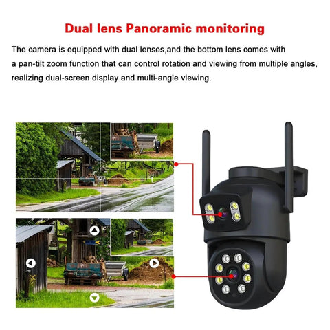 Watch Your Back With Badass 4K 8MP WiFi PTZ Security Camera Kit showing dual lens design with panoramic view options.