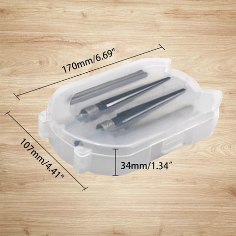 Hand Reamer Set For Guitar And Woodworking Tapered Reamers 3-13mm And 5-16mm in case with measurements on wood surface