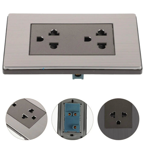 Top Shelf Six Gang Wall Outlet With Fast Charge Usb Ports And Polished Stainless Steel Faceplate top view with installed screws.