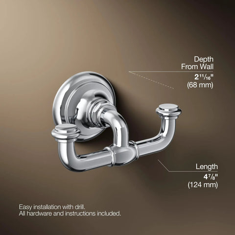 Artifacts Double Robe Hook Polished Chrome Heavy Duty Metal Bathroom Hardware with Extra Storage dimensions view