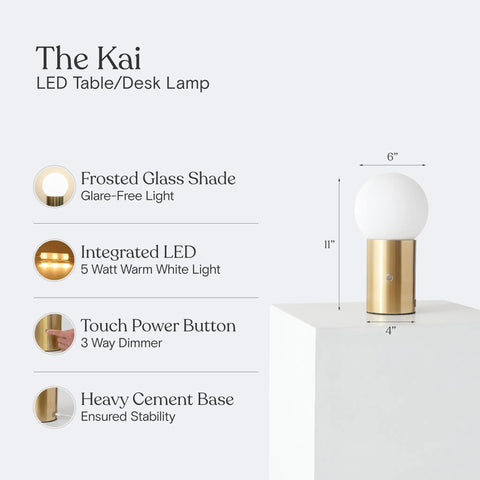 Kai LED Table Lamp With USB Port Tiny Bedside Reading Modern Desk Lamp Nightstand Light With Ambient Glow Vibe Brass Globe Shade
