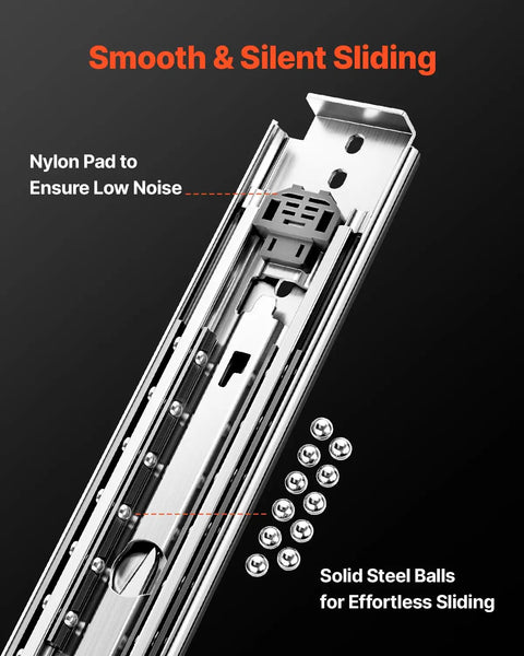 Close-up of No Fuss Full Extension Drawer Slides 1 Pair Tough As Nails with nylon pad and solid steel balls for smooth operation.