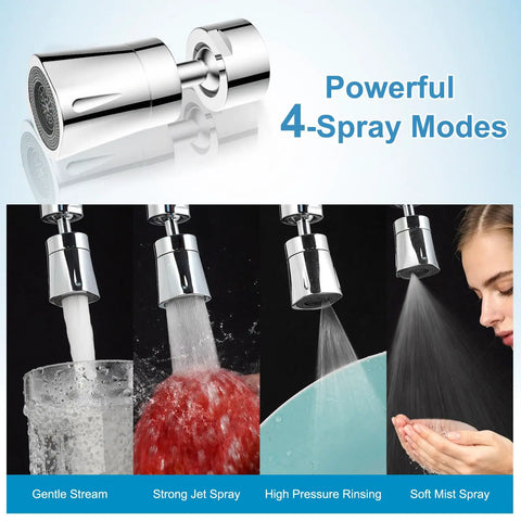 Slick 360 Degrees Swivel Faucet Aerator With Four Spray Modes chrome sprayer head showing four flow settings for kitchen and bathroom.