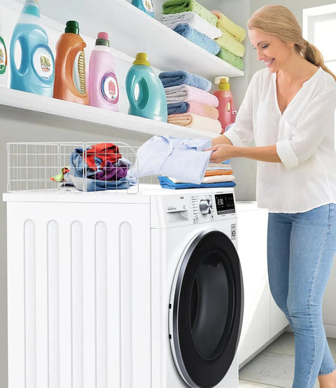 Magnetic Laundry Guard 24 Inch Wide For Front Loading Washers And Dryers, installed on white washer with clothes on top