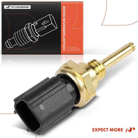 A-Premium engine coolant temperature sensor with brass body and black 2-pin connector; front view beside its packaging box