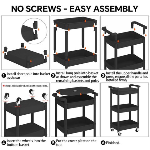 Assembly instructions for Three Tier Rolling Cart With Lockable Casters And Covered Top Board; step-by-step diagram
