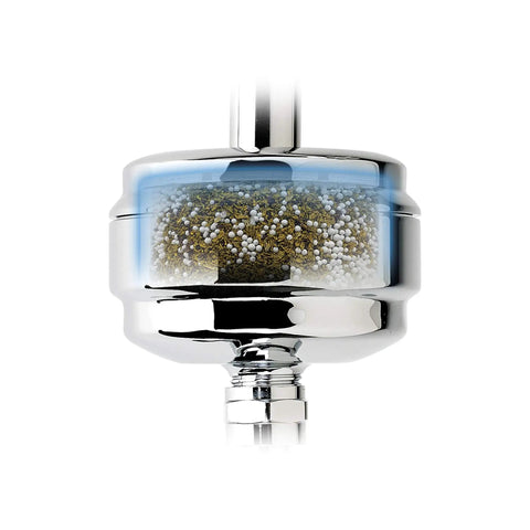 Slim Line Brass Shower Filter In Oil Rubbed Bronze With Patented Chlorgon Filtration Reducing Chlorine, Dirt, Odors For Softer Hair And Skin, Ships With Preinstalled SLC Cartridge (6 Months Or 10,000 Gallons), Showerhead Required, cutaway detail showing filtration layers.