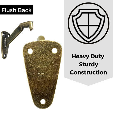 Beefy Heavy Duty Handrail Brackets In Antique Brass 3 Pack Solid Die Cast Wall Mount Stair Support For Dead Simple DIY Install And Awesome Farmhouse Vibe Upgrade showing flush back design.