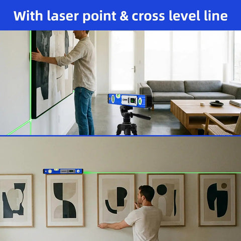 Heavy Duty Aluminum 16 Inch Digital Level With Glowing Cross Bubbles And Smart Light Trigger used for precise picture alignment on a wall.