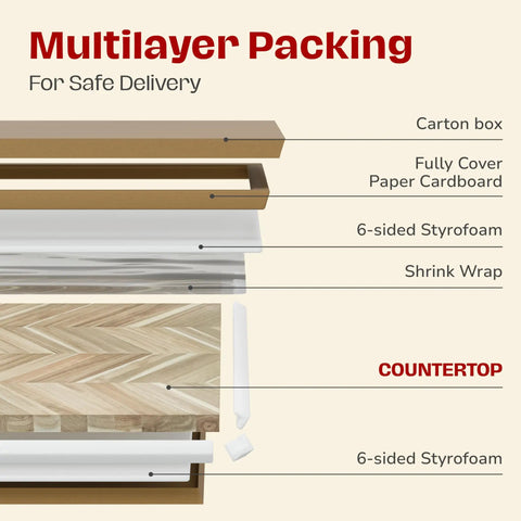 Multilayer packaging for safe delivery of Built Tough Hella Sturdy Chevron Butcher Block Countertop 72 By 25 By 1.5 Inches.