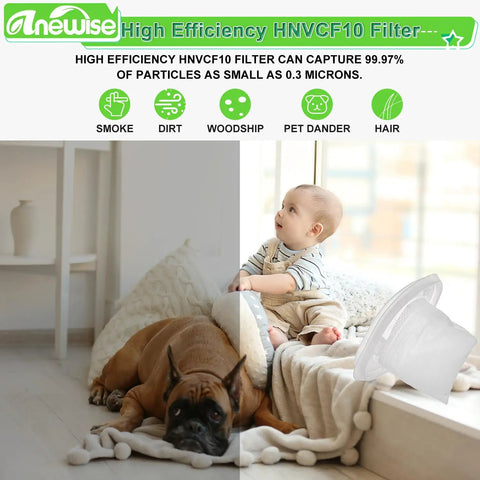 Baby and dog on couch illustrating air quality benefits with HNVCF10 Replacement Filter Kit For Black Decker Hand Vacuums Six Pack Compatible