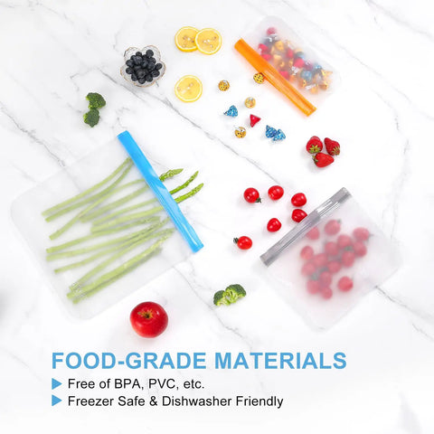 Mega 10 Pack Reusable Freezer Bags Dishwasher Safe showing food-grade containers with fresh produce on marble countertop.