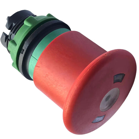 Straight Up Badass Aftermarket Emergency Stop Button for Heavy Duty Scissor Lifts and Rough Terrain Gear Sweet Safety Swap Part 147051, red button with green and black components.