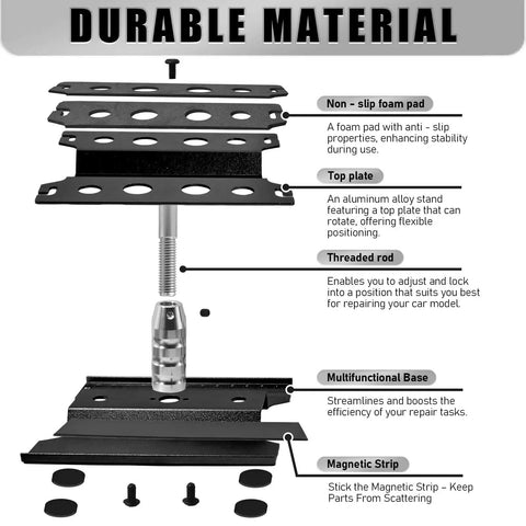 Exploded view of Universal RC Car Stand With Liftable Lower Adjustment And 360 Degree Rotatable Head, showing parts and materials.