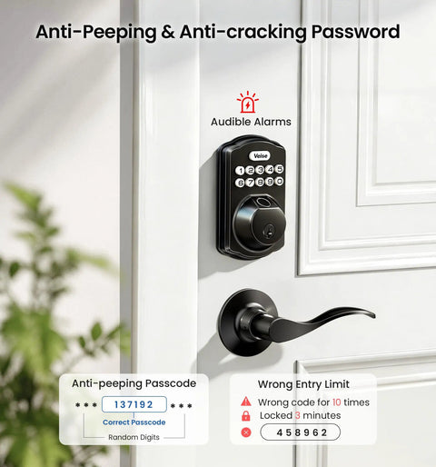 Keyless Fingerprint Door Lock With Keypad Deadbolt In Matte Black on a white door, featuring anti-peeping and audible alarms.