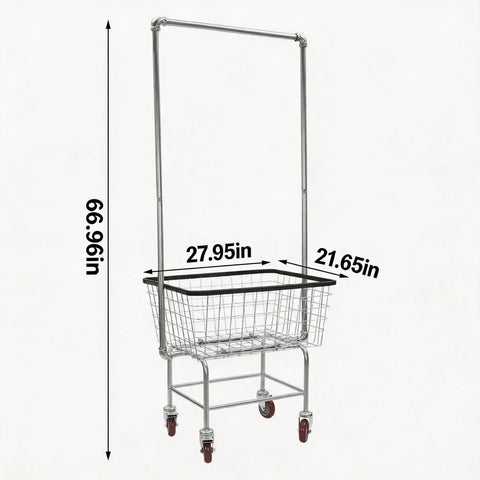 Heavy Duty Rolling Laundry Cart With Hanging Bar And Swivel Locking Wheels Spacious Commercial Steel Wire Hamper dimensions shown, 66.96in height.