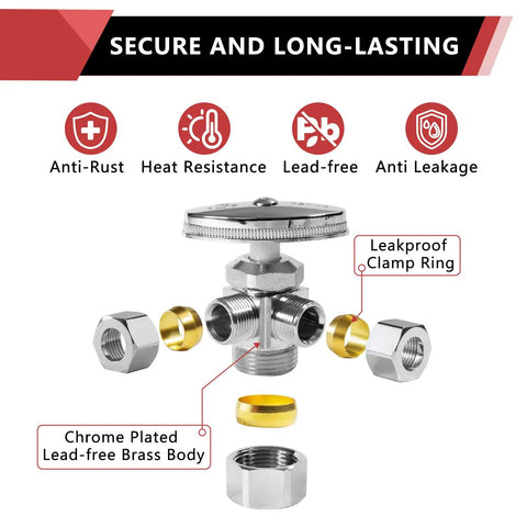 Lead Free Brass Angle Stop Valve Dual Outlets with chrome plated finish, showcasing anti-leak features and leakproof clamp ring.