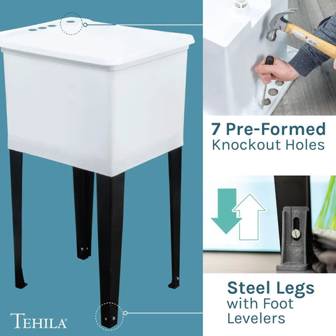 Must Have Space Saving Utility Sink Kit with white 16 gallon thermoplastic tub, metal legs, 7 pre-formed knockout holes visible
