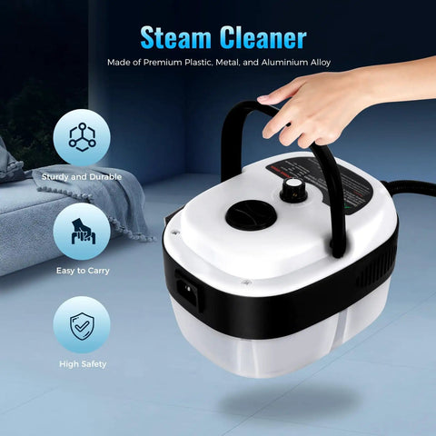 Hand holding Powerful 2500W Handheld Steam Cleaner with 6 Speed High Pressure Steam Cleaning in a room setting.