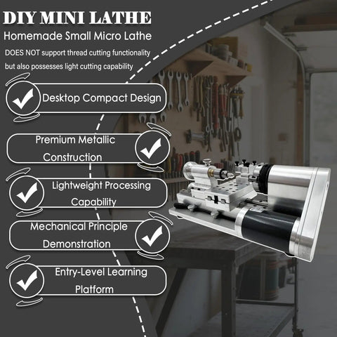 DIY mini lathe machine with premium metallic construction designed for light processing of wood and metal projects.