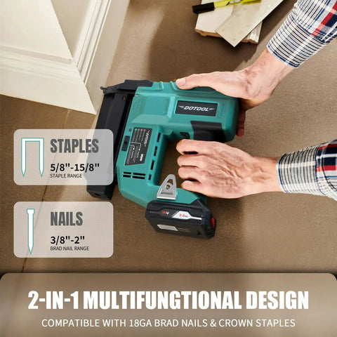 Total Game Changer 20V Cordless Brad Nailer And Electric Staple Gun Kit With 1000 Piece 18 Gauge Nails Battery Powered in use.